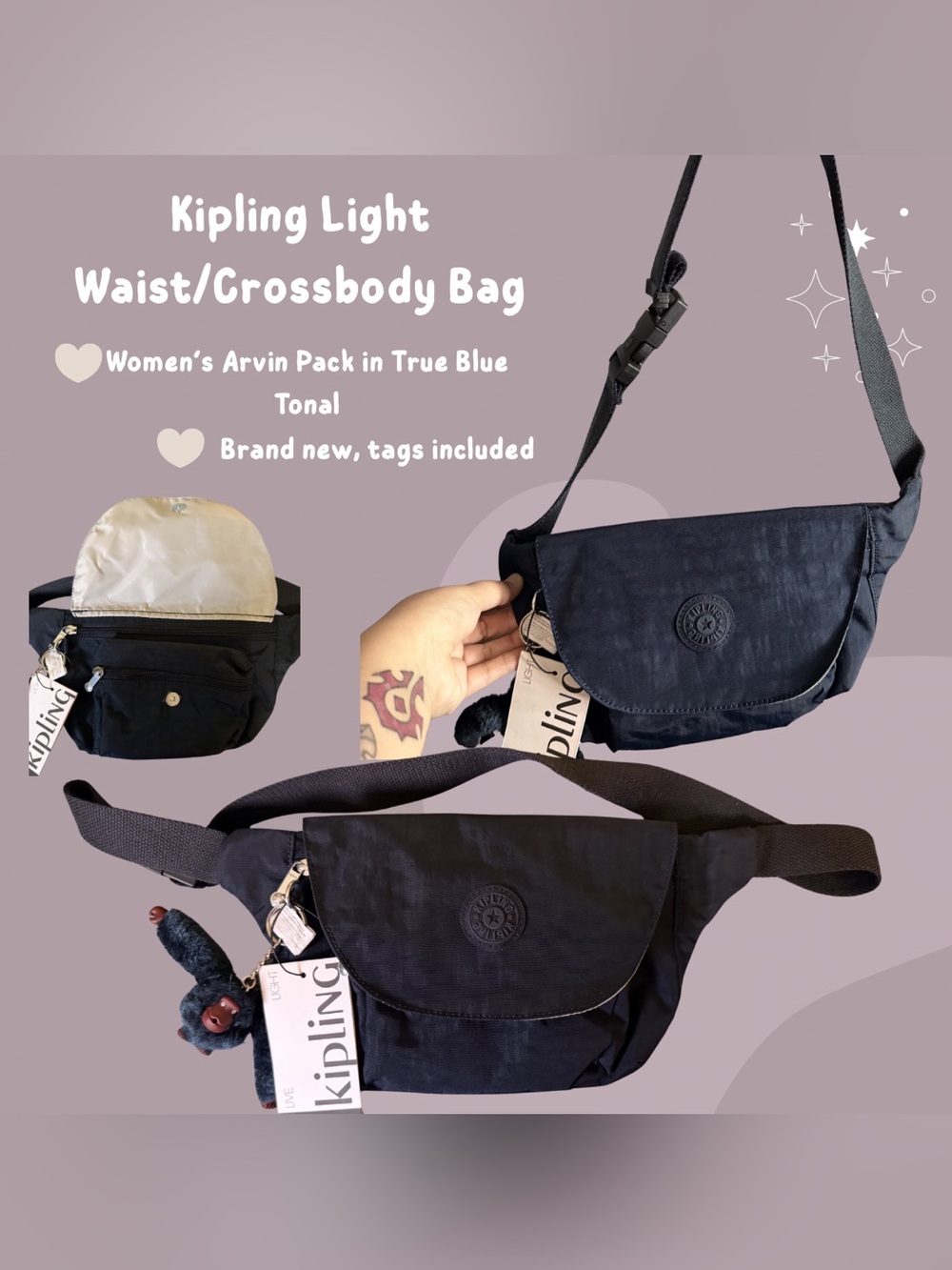 Kipling True Blue Crossbody/Waist Bag with Monkey Charm